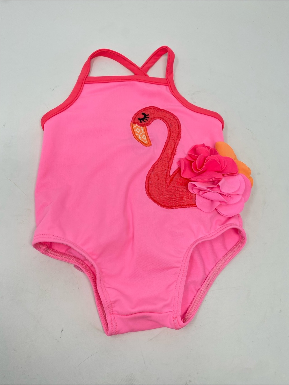 Mud Pie Bright Pink Flamingo One-Piece Swimsuit Sequins Ruffle Bottom